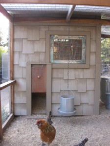 Sliding door for chickens allowing them access to run during the day. It is closed at night.