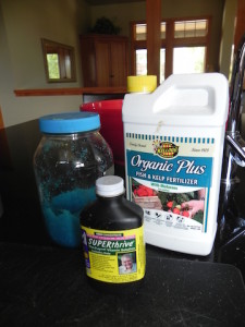 Ingredients for homemade liquid fertilizer.