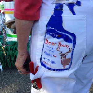 "Deer Away" on hand-painted overalls.