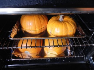 Bake pumpkins in the oven then scoop out contents.